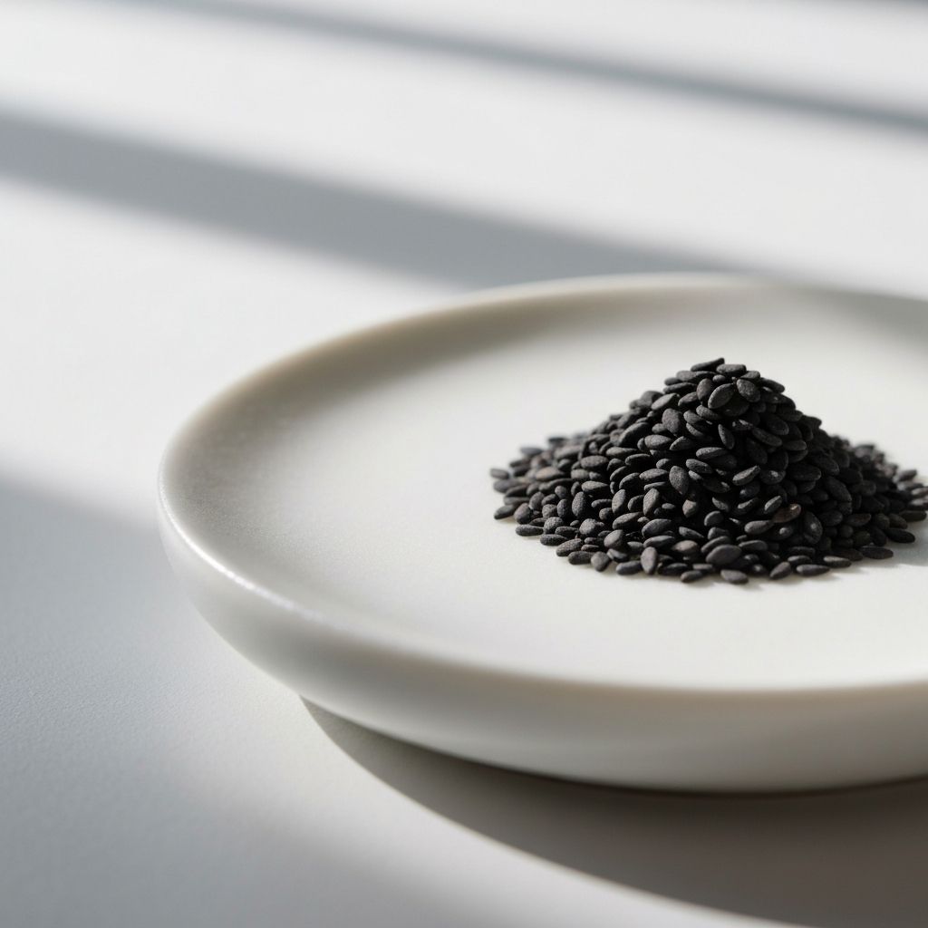Black sesame seeds on ceramic surface